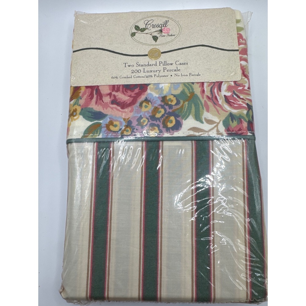 Croscill Nelson Floral Striped Standard Pillowcases Pair 200 TC Percale NEW